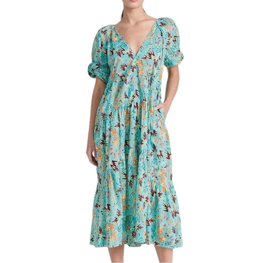A.L.C. Carmela Midi Dress Size 6 Tropical Print Cotton Tiered Ruffle Puff Sleeve
